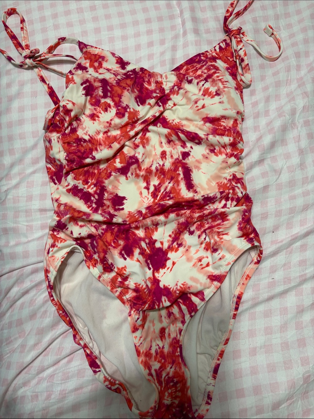 Ruched Tie-Dye One-Piece Swimsuit in Pink & Orange